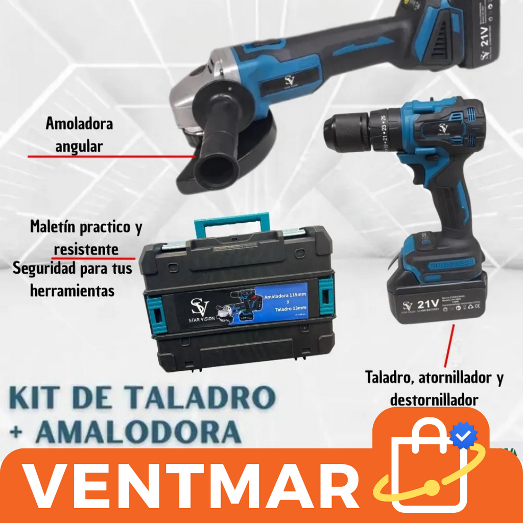 2 en 1 Atornillador Percutor 21V + Amoladora