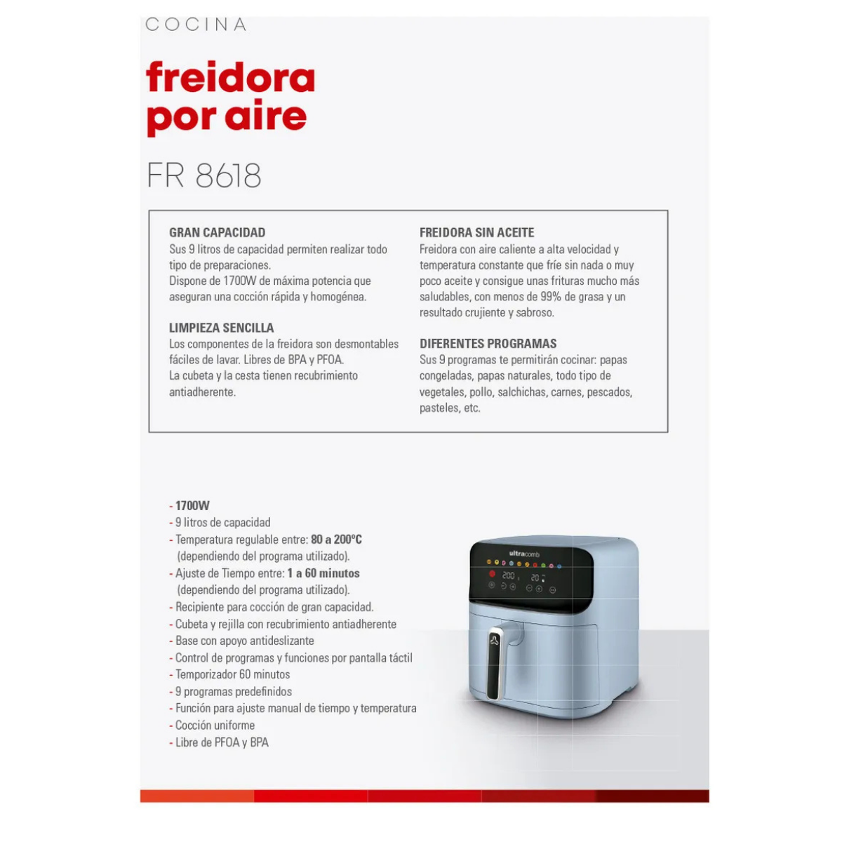 FREIDORA DE AIRE ULTRACOMB 9L